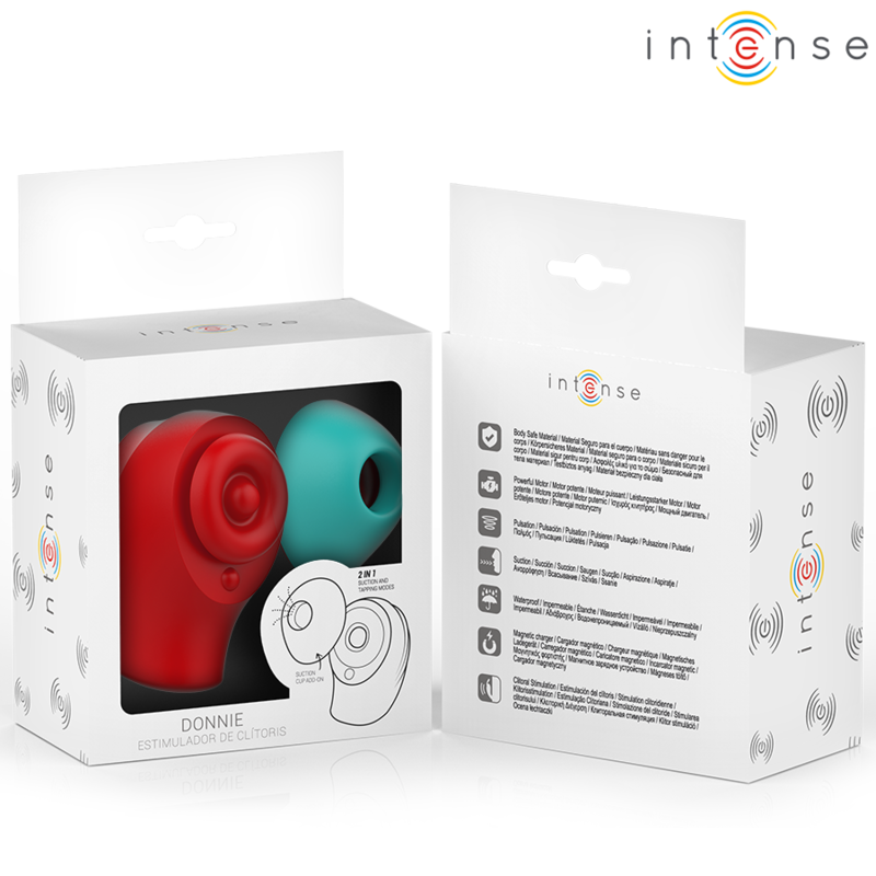 Cajas del INTENSE Donnie con ilustración del estimulador en rojo y turquesa.