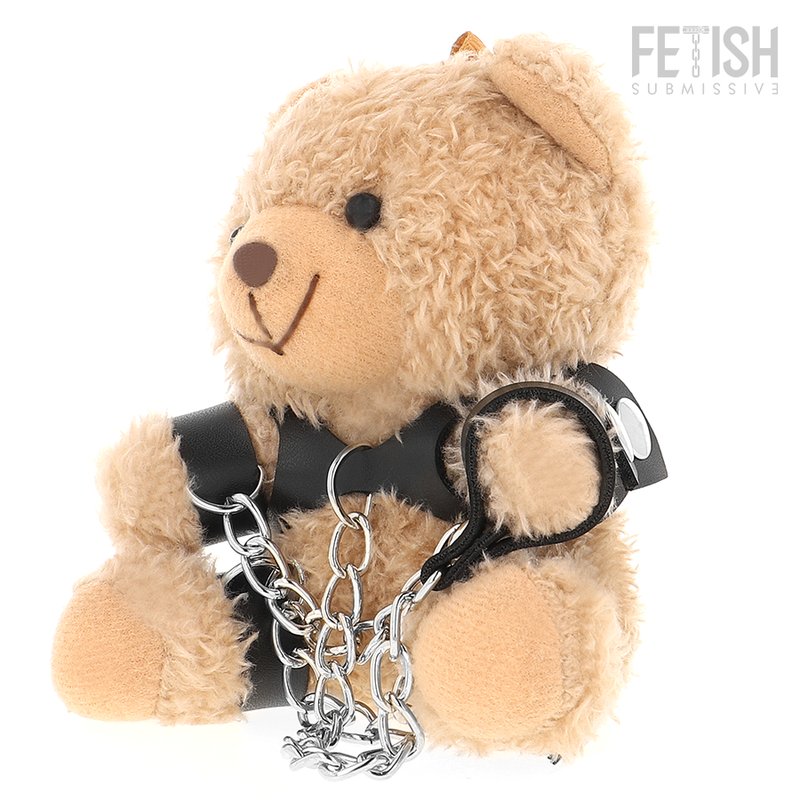 Osito de peluche FETISH SUBMISSIVE Yogi con arnés negro y cadena metálica.