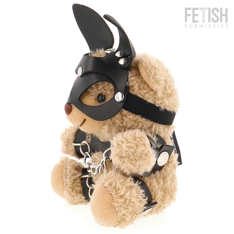 Mishka osito peluche BDSM de FETISH SUBMISSIVE, con máscara negra y arneses.