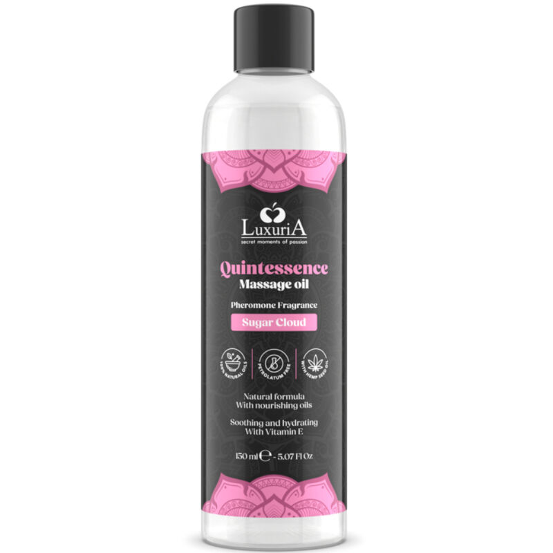 INTIMATELINE Luxuria aceite de masaje Sugar Cloud en botella transparente con etiqueta negra y rosa.