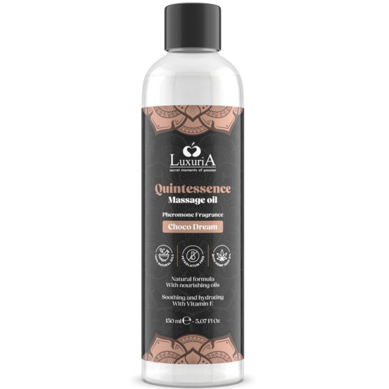 Aceite de masaje INTIMATELINE Luxuria Choco Dream en botella transparente con tapa negra.
