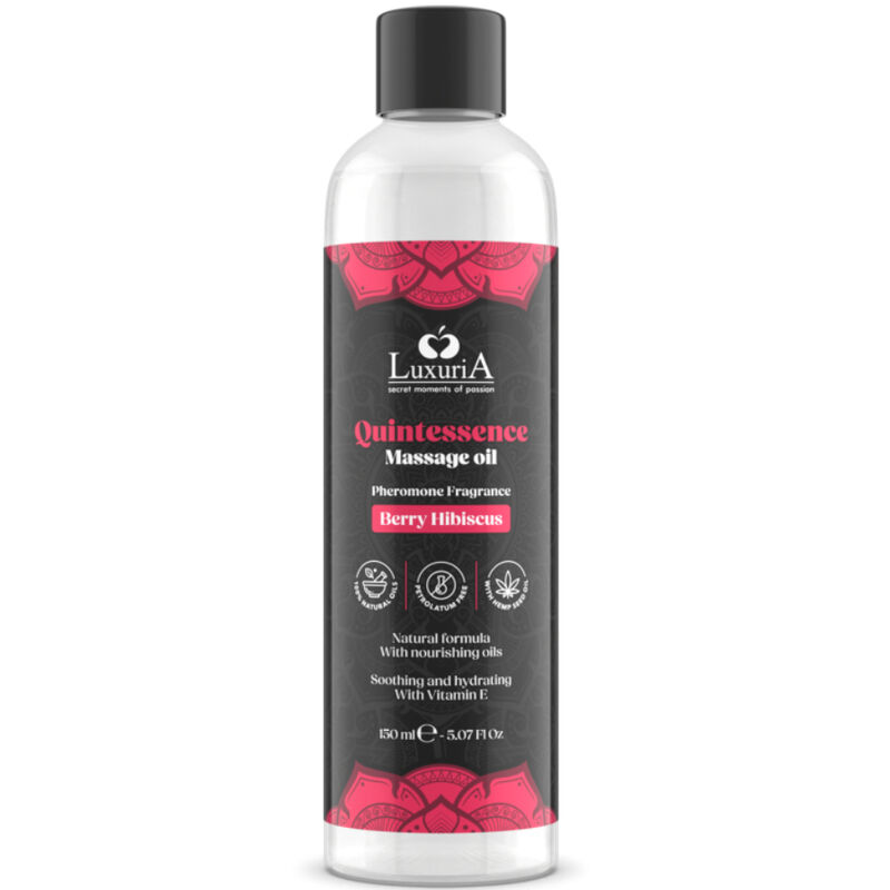 INTIMATELINE Luxuria Quintessence aceite de masaje Berry Hibiscus en botella frontal.