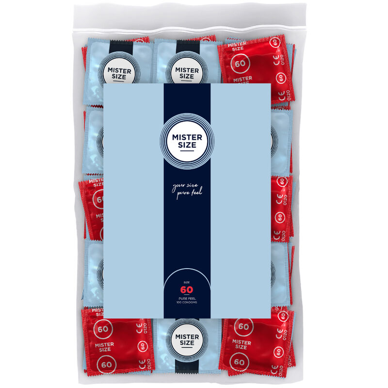 Envase de MISTER SIZE talla 60 con varios preservativos en sachets azules y rojos.