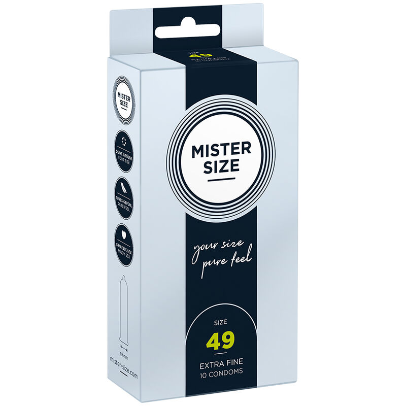 Caja del producto Mister Size 49, en azul claro, con el frontal visible.