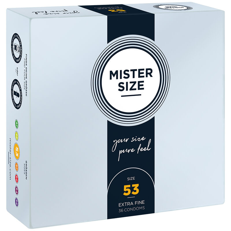 Caja del producto MISTER SIZE Talla M con marcado 53 y 36 preservativos.