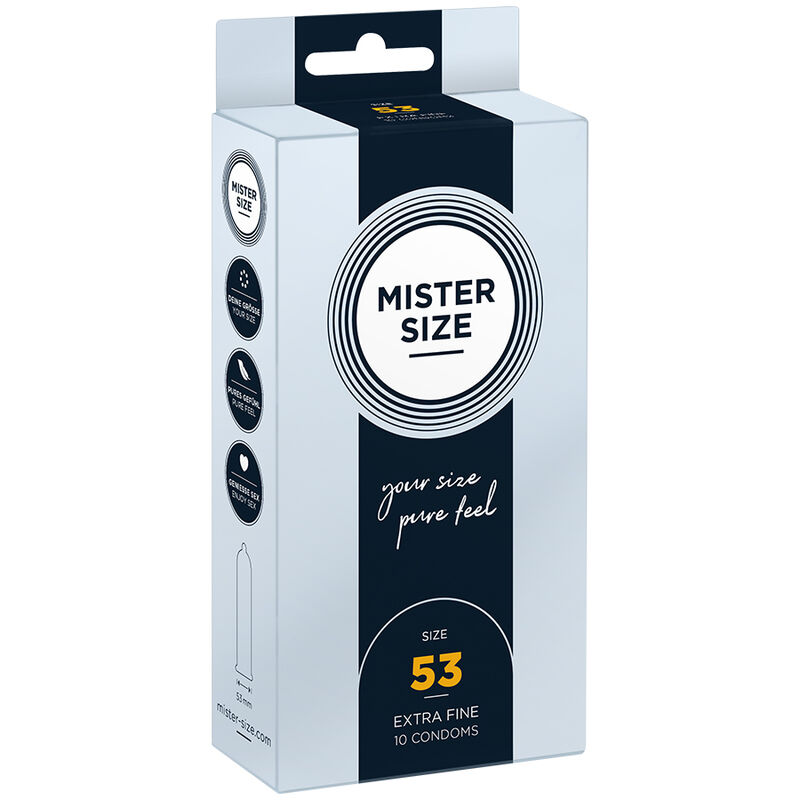 Caja del producto MISTER SIZE, con tamaño 53 y pack de 10 preservativos.