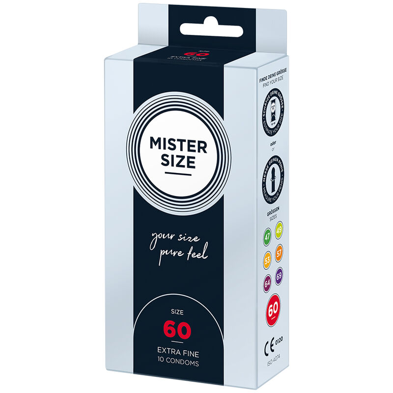 Caja del producto Mister Size XL con tamaño 60 y 10 condones visibles.