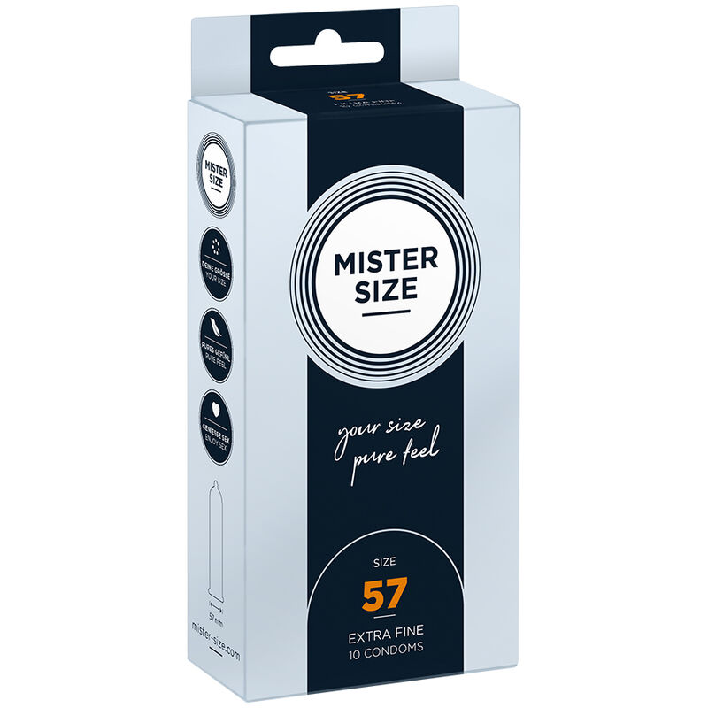 Caja del producto Mister Size Talla 57, en azul claro y azul marino, con vista frontal y lateral.