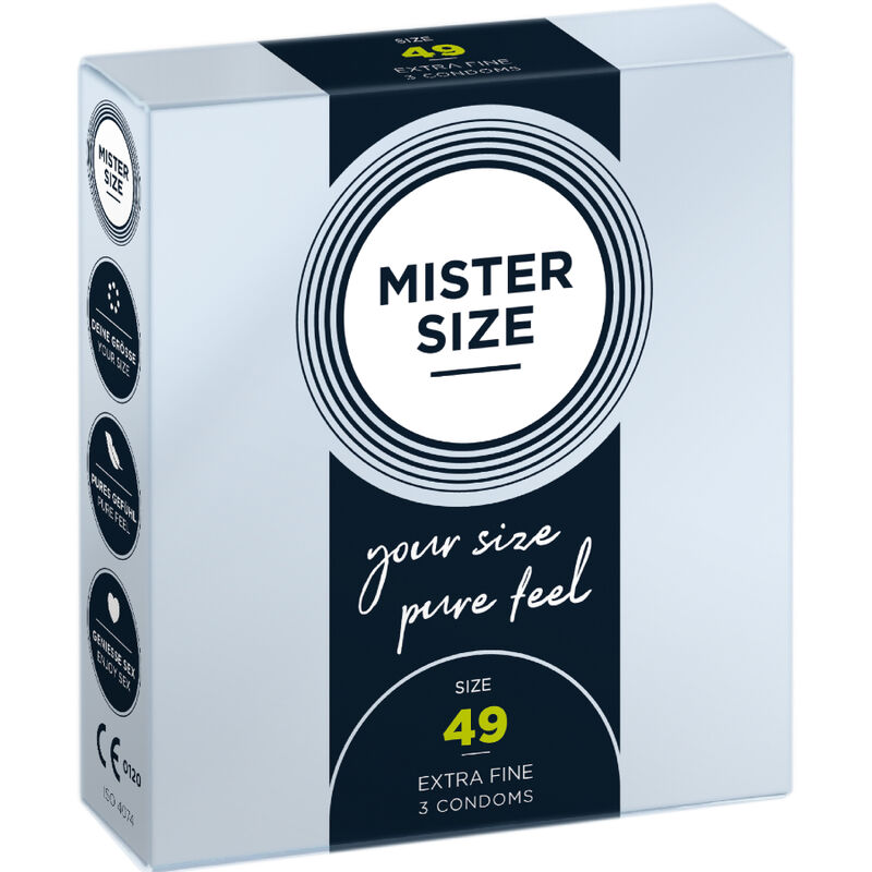 Caja del producto Mister Size 49, con frente azul claro y navy.