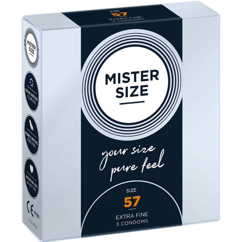 Caja del producto MISTER SIZE, talla 57, con diseño azul marino y blanco.
