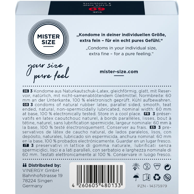 Caja del producto MISTER SIZE XL con el reverso visible y diseño gris claro.