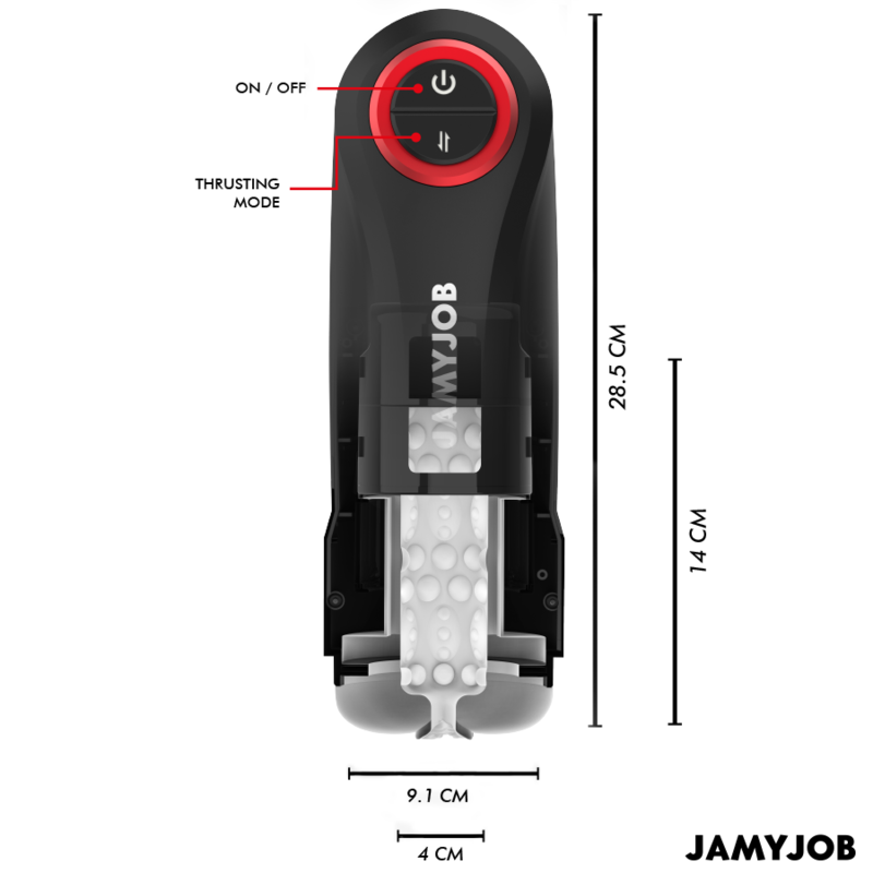 Guia de medidas del JAMYJOB Gravity con vista en corte y botones visibles.