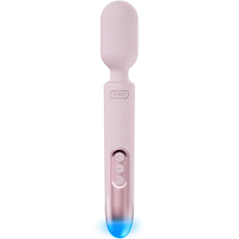 Kiiroo ProWand rosa en vista frontal, con botones de control visibles y base iluminada en azul.