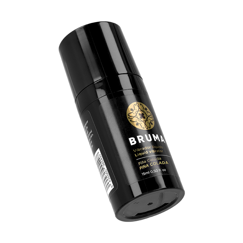Bruma Gel vibrador líquido Piña Colada en frasco negro, vista en ángulo.