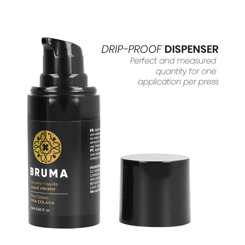 Detalle del gel vibrador líquido Bruma Piña Colada con dispensador y tapa negros.