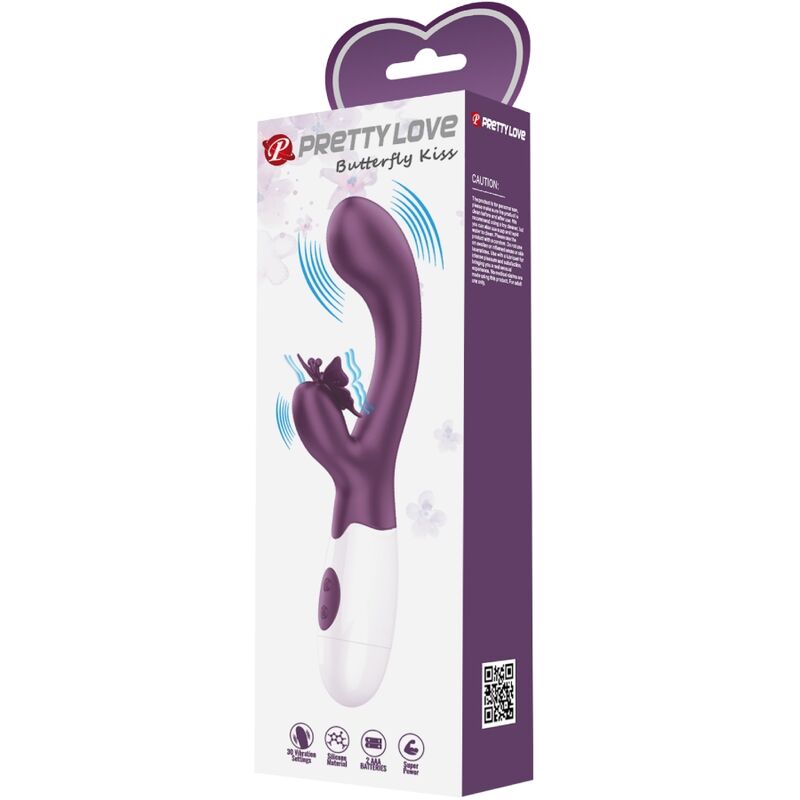 Caja del producto Pretty Love Butterfly Kiss con vibrador morado ilustrado y lateral morado.