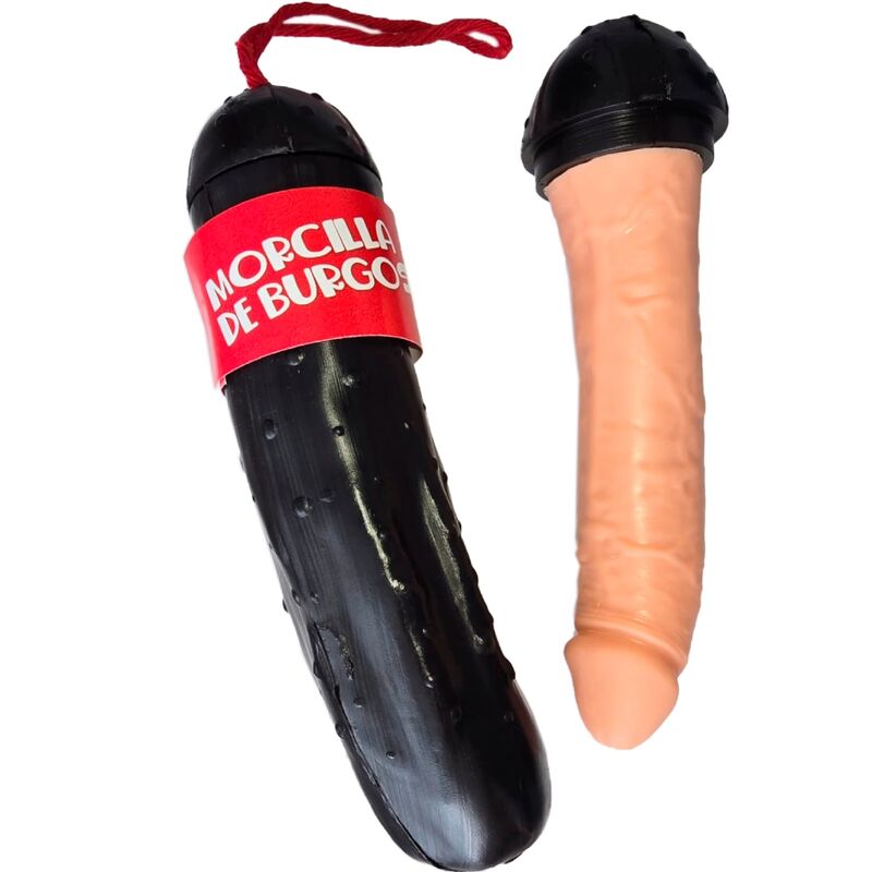 DIABLO PICANTE Morcilla de Burgos Dildo en negro y tono carne, vista frontal