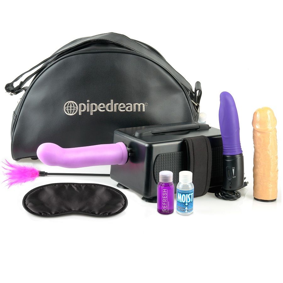Máquina sexual portátil FETISH FANTASY SERIES con estuche negro y accesorios morados y beige.