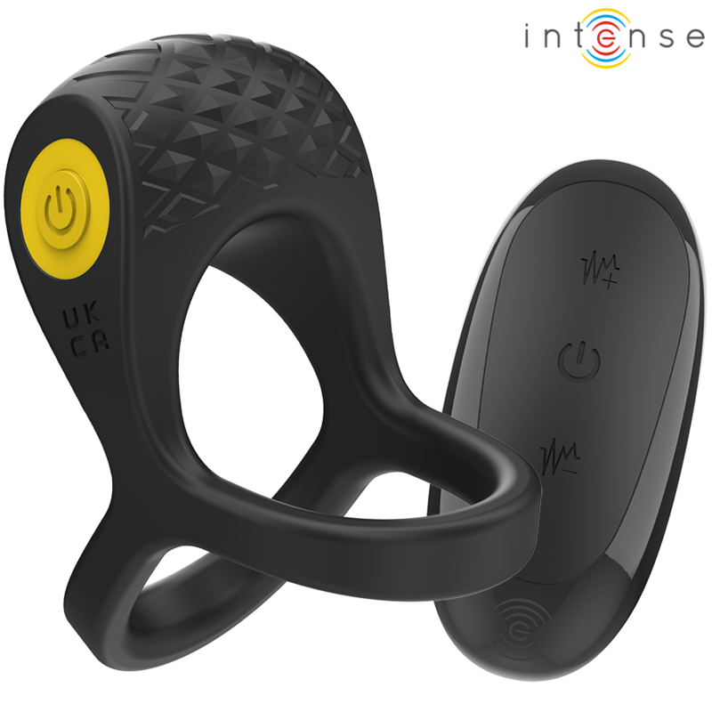 INTENSE FOR HIM anillo vibrador negro con mando remoto, con botón amarillo visible.
