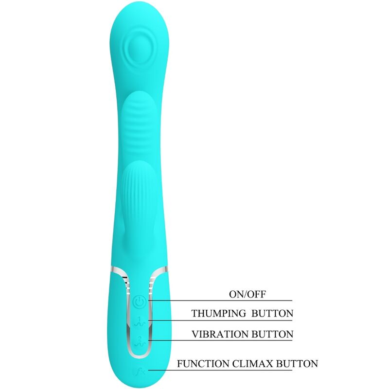 Detalle del vibrador Pretty Love Shania azul turquesa con botones visibles.