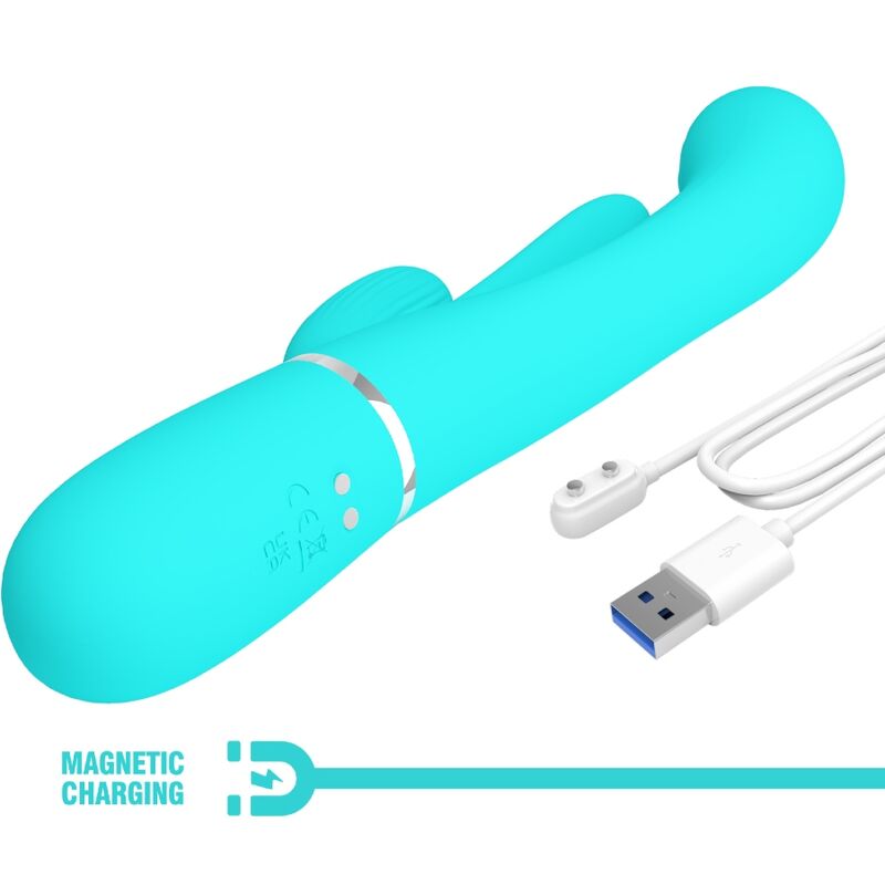 Detalle del vibrador Pretty Love Shania en turquesa, con cable de carga magnética.