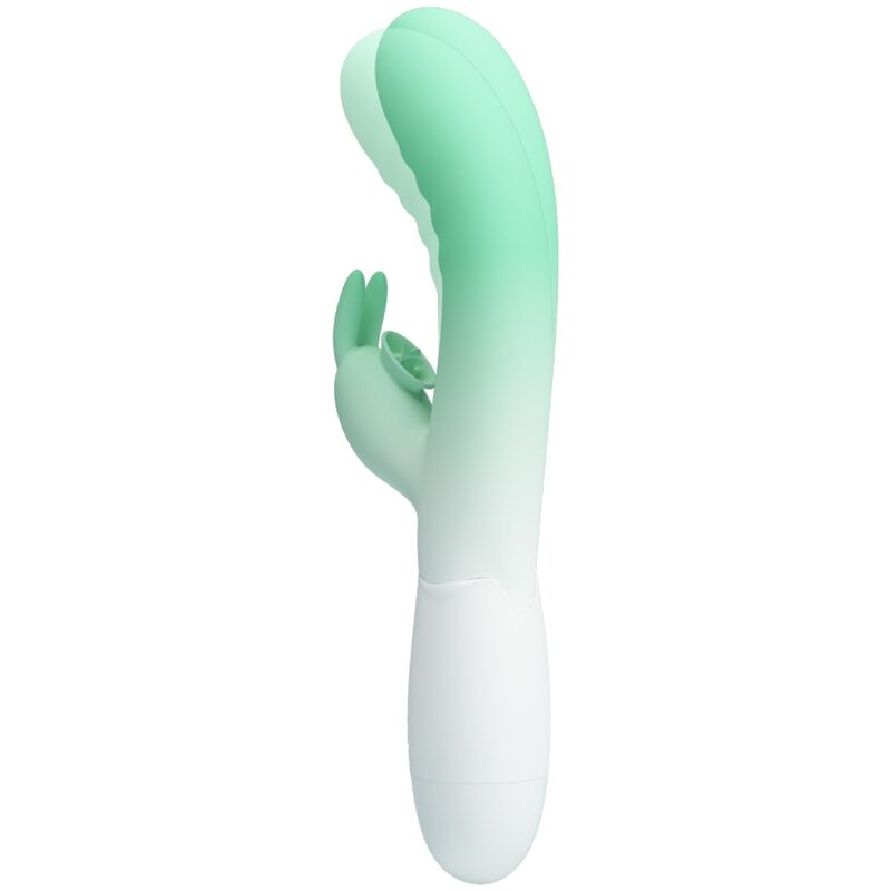 Vibrador rabbit Pretty Love Cerberus verde y blanco, vista lateral.