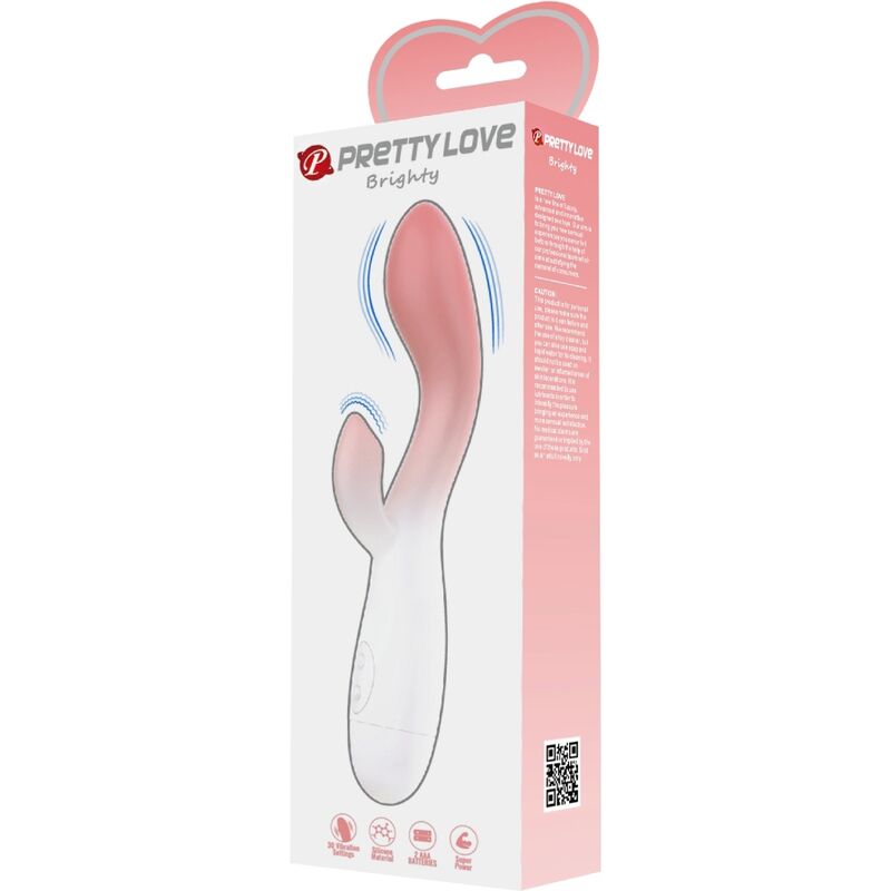 Caja del producto Pretty Love Brighty en rosa y blanco, con ilustración del vibrador.