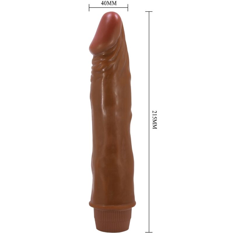 Baile Dwarf vibrador realista marrón en vista lateral, con medidas visibles.