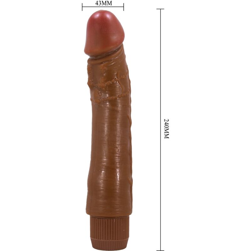 Baile Dybbuk vibrador realista marrón en vista frontal, con medidas de 24 cm y 43 mm.