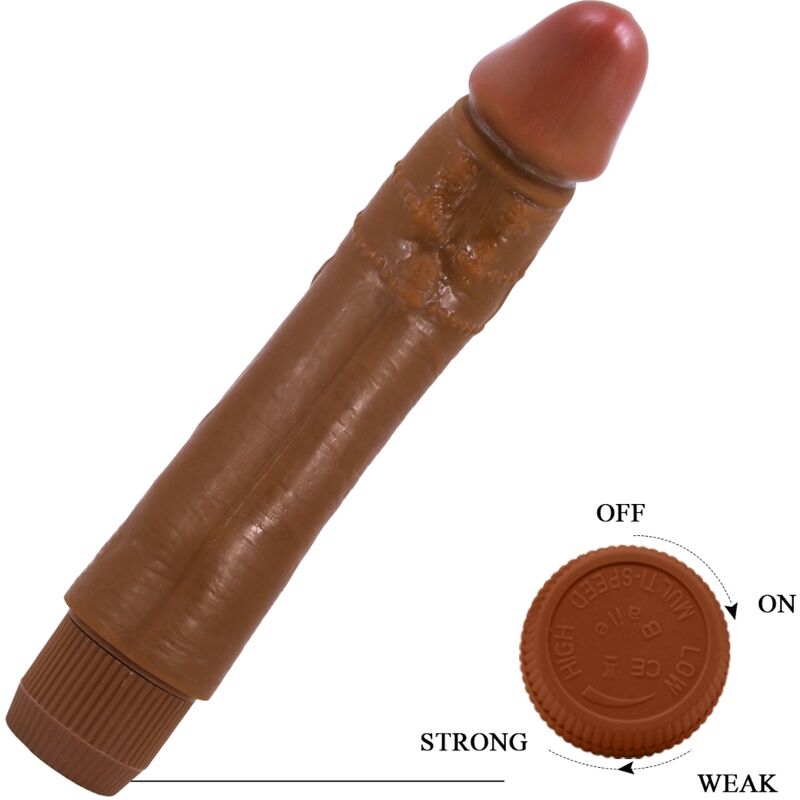 Baile Dybbuk vibrador realista marrón en detalle, con mando giratorio visible.