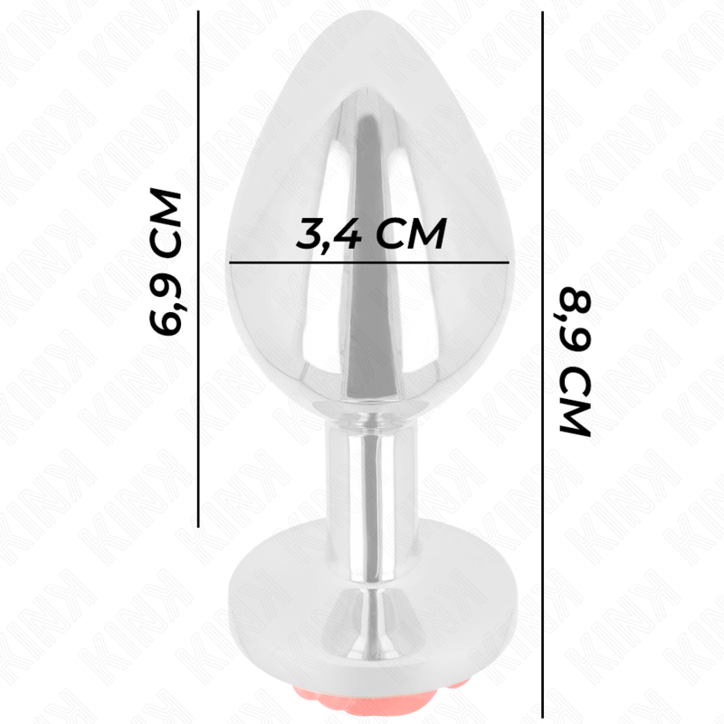 Guía de tallas del Kink Pleasure Plugs con medidas de 6,9 cm, 8,9 cm y 3,4 cm.