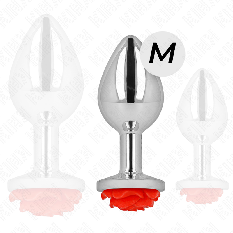 Detalle del KINK Pleasure Plugs talla M con base rosa en forma de rosa roja.