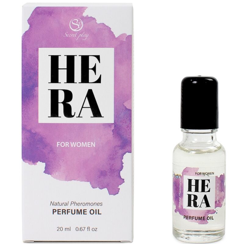 SECRETPLAY HERA aceite perfumado para mujer en caja y frasco con tapón negro.