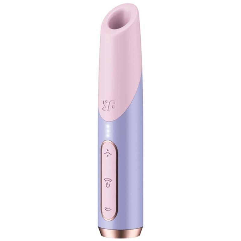 Satisfyer Bold Kiss Air-Pulse en rosa y lila, vista frontal con abertura superior y botones visibles.