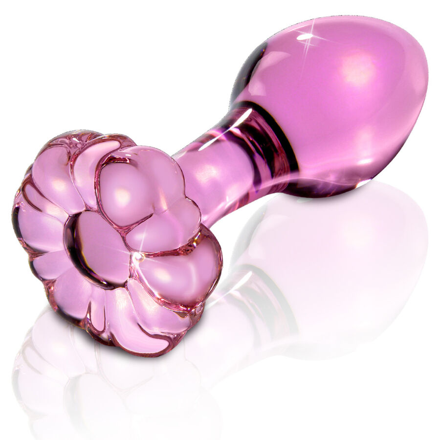 Tapón anal de cristal Icicles No. 48 en rosa, con base floral.