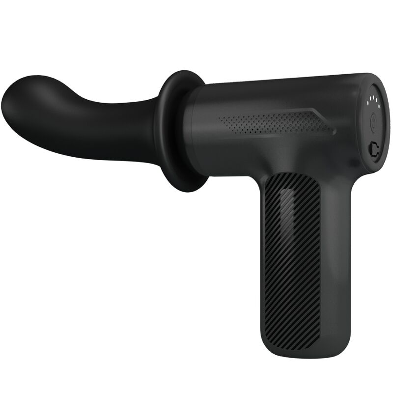 Pistola de masaje negra Pretty Love DJ Doctor BW-055029 en vista lateral con accesorio curvo.