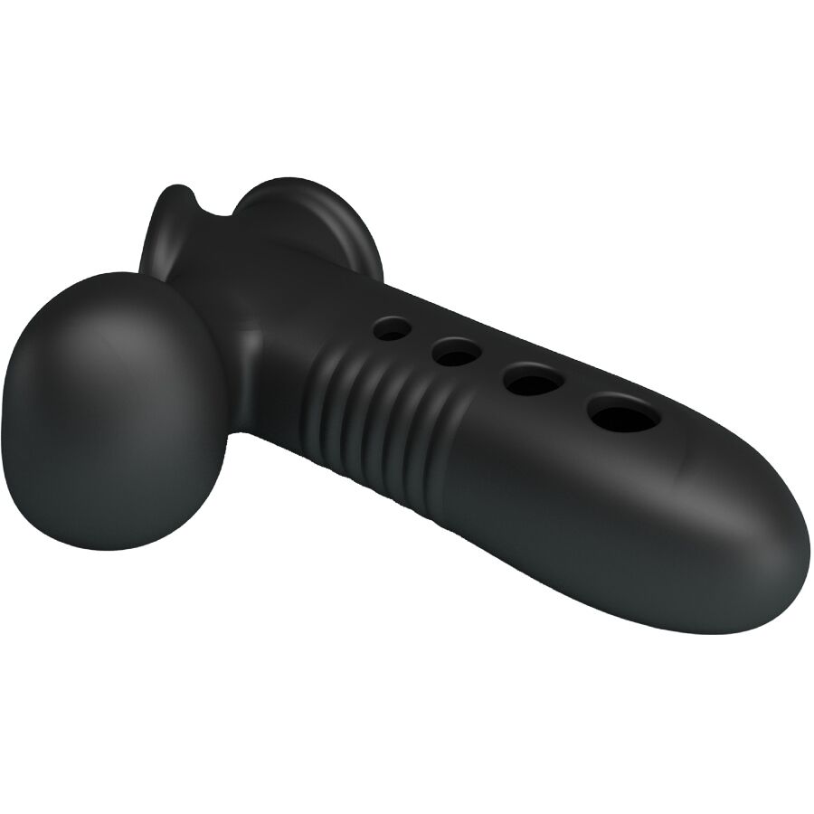 Detalle de la funda inflable para pene Pretty Love Crane en negro, con varios orificios visibles.