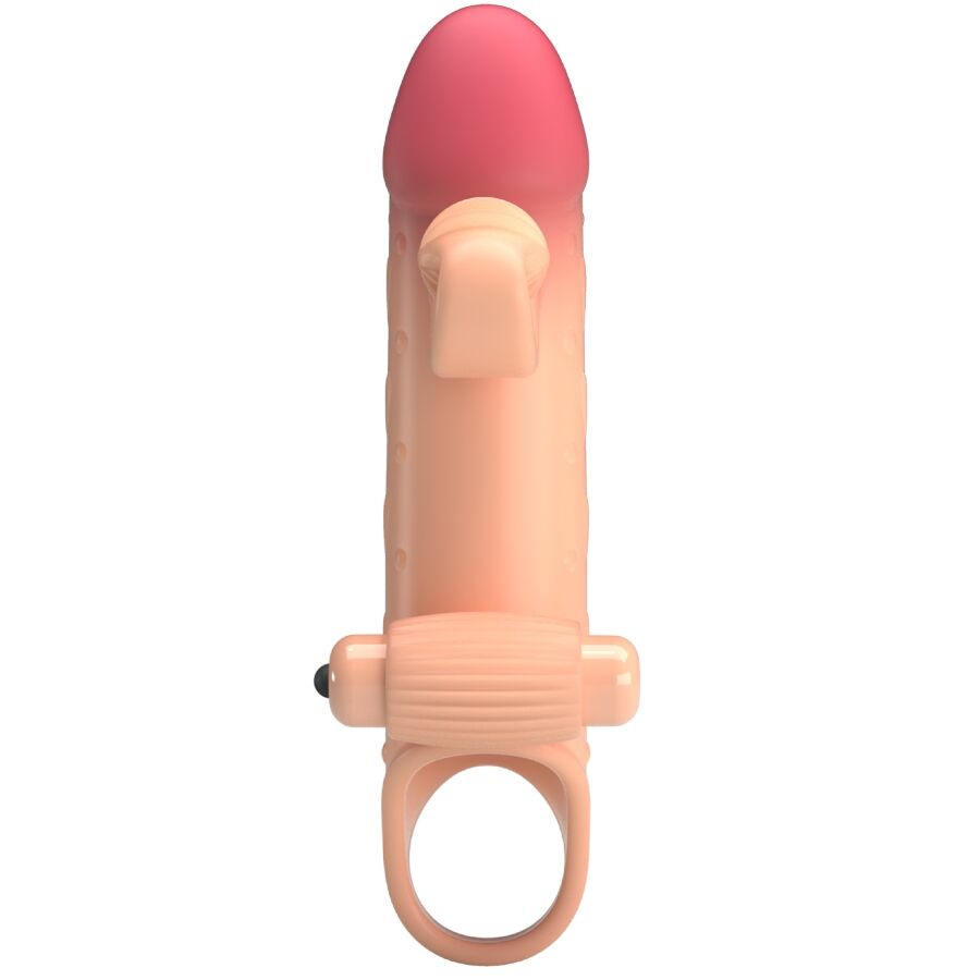 ROMANCE MC64 funda vibradora para pene en tono natural, vista frontal con punta rosa y anillo base visible.