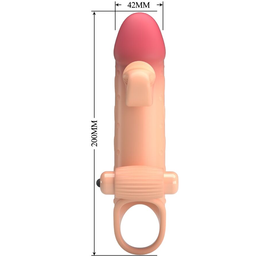ROMANCE MC64 funda vibradora para pene en color natural, vista frontal con medidas visibles.