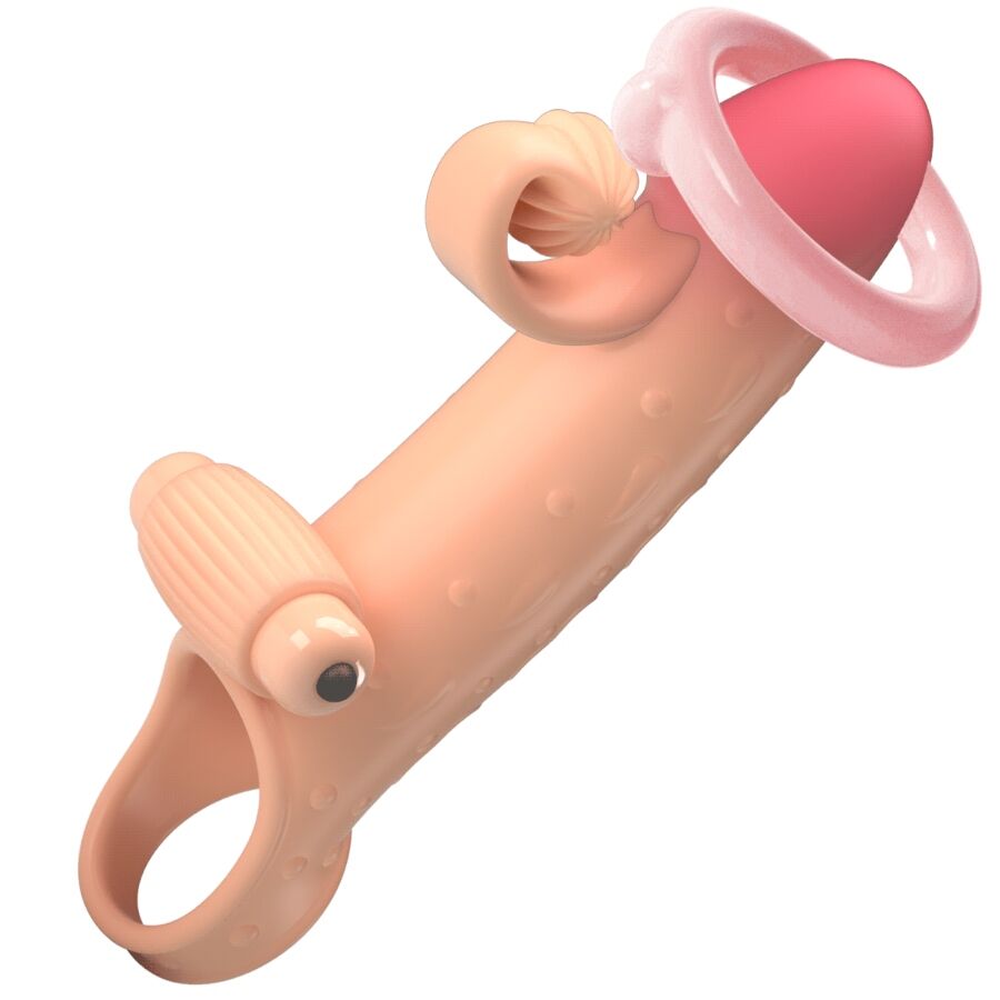 ROMANCE MC64 funda vibradora para pene color natural, vista frontal en ángulo con aro rosa.