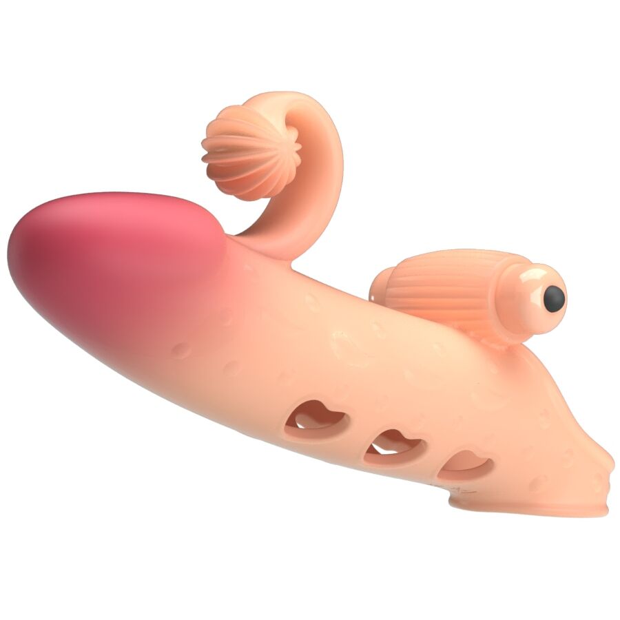 ROMANCE MC64 funda vibradora para pene en color natural, vista lateral con punta rosa y tres aberturas.