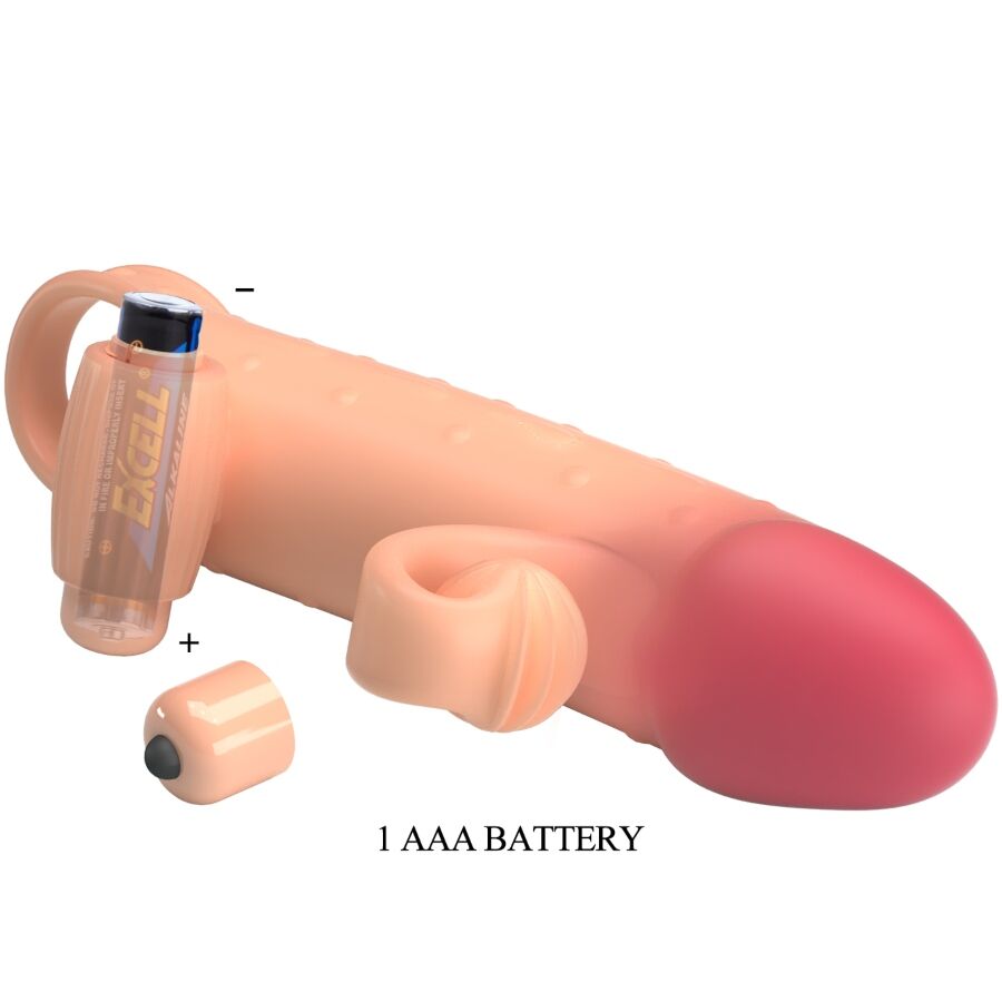 ROMANCE MC64 funda vibradora para pene color natural, con batería AAA visible y detalle lateral.