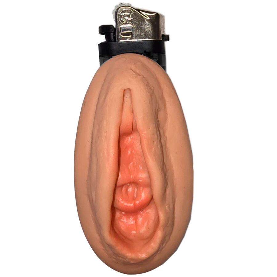 Encendedor Diablo Picante con forma de vulva, color natural, vista frontal.