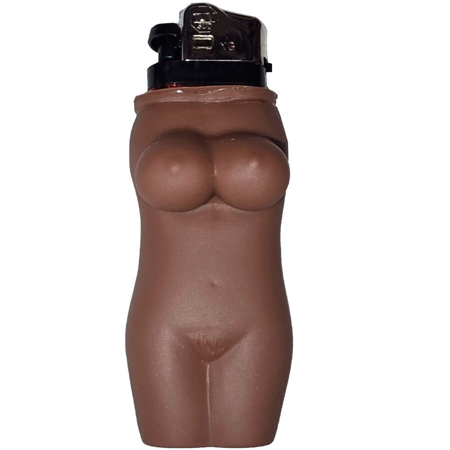 Diablo Picante Mulata, encendedor con forma de cuerpo femenino marrón en vista frontal.