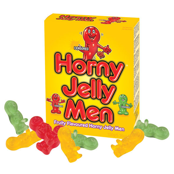 Caja del producto Spencer & Fleetwood Horney Jelly Men amarilla, con golosinas de colores delante.