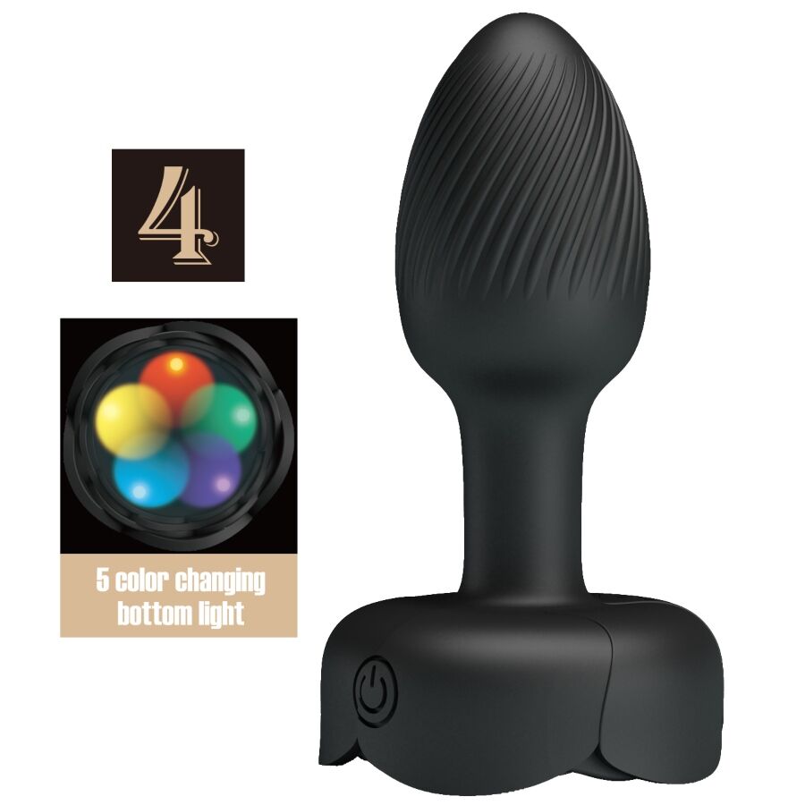 Tapón anal PRETTY LOVE Olman negro con zona acanalada y luz inferior multicolor.