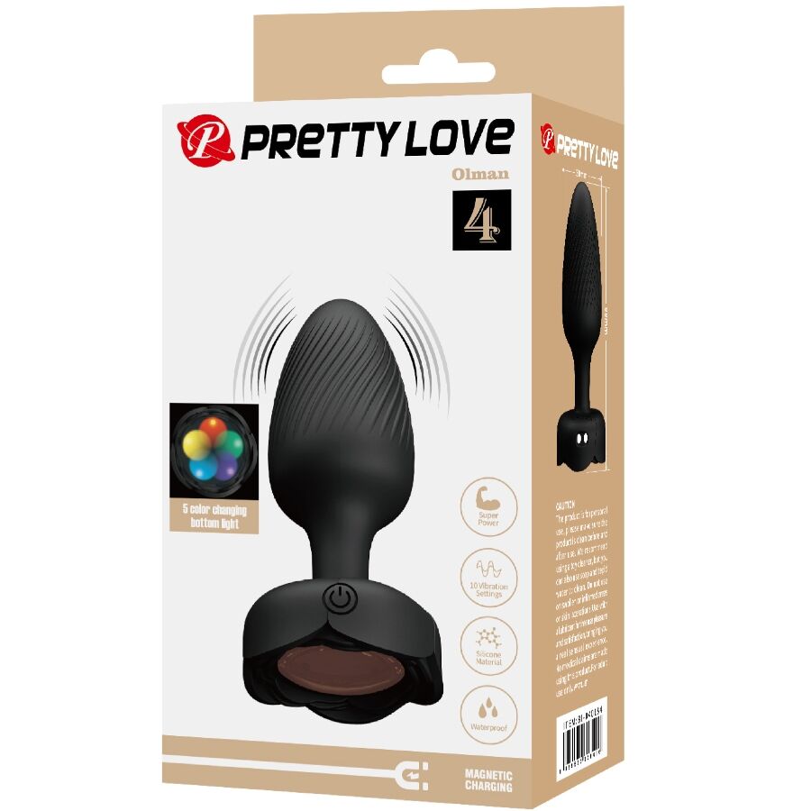 Caja del producto PRETTY LOVE Olman con ilustración de tapón anal negro y luz de colores.