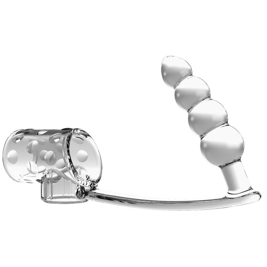 Funda para pene transparente con plug anal integrado y anilla, vista lateral.