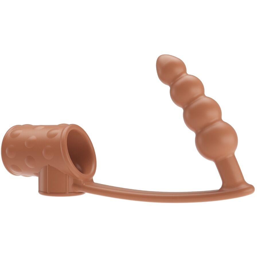 PRETTY LOVE BI-026277M funda para pene color natural con plug anal integrado, vista lateral.