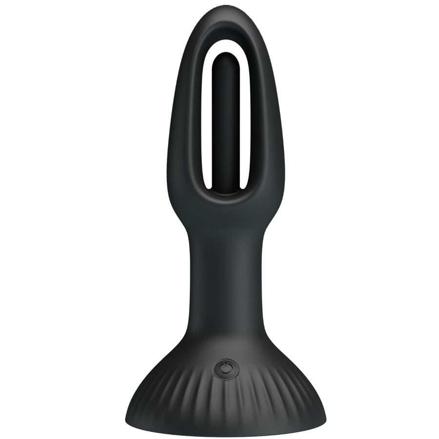 Pretty Love Hubert plug anal negro en vista frontal, con aro superior abierto y base acanalada con botón visible.